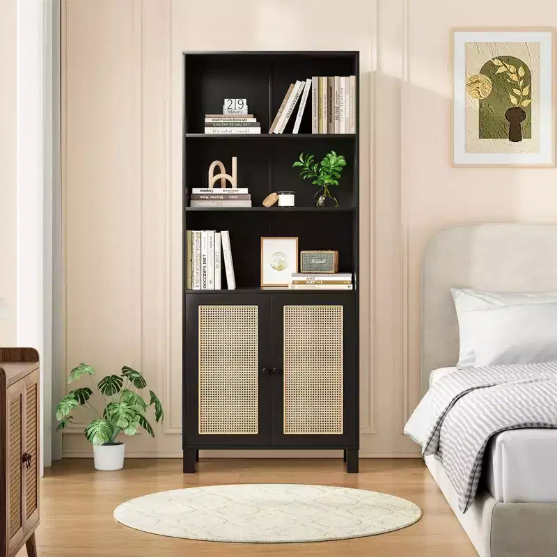 5 Shelf Bookshelf with Rattan Doors White Tall Bookcase Display Shelves for Home Office Bedroom