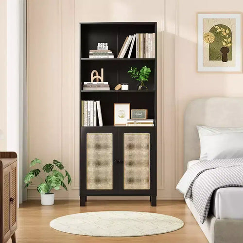 5 Shelf Bookshelf with Rattan Doors White Tall Bookcase Display Shelves for Home Office Bedroom