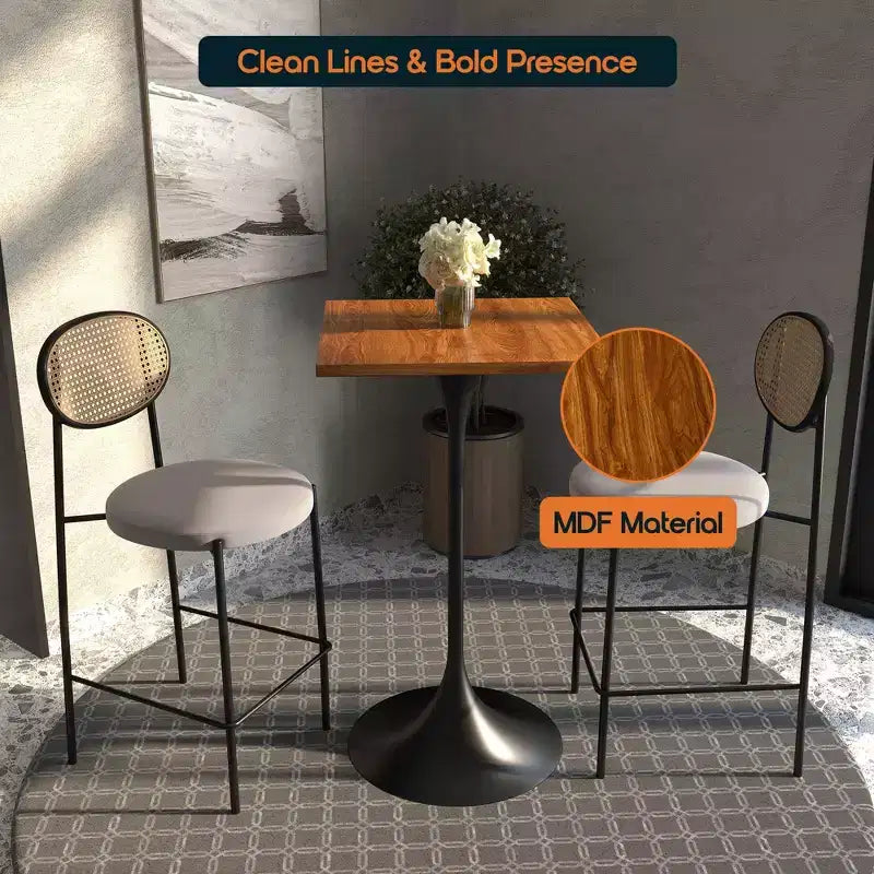 Table à manger carrée hauteur bar, plateau moderne en MDF avec piétement piédestal noir