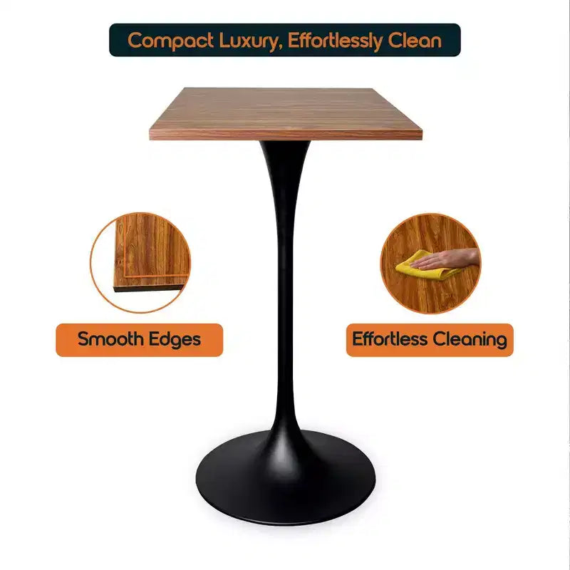 Table à manger carrée hauteur bar, plateau moderne en MDF avec piétement piédestal noir