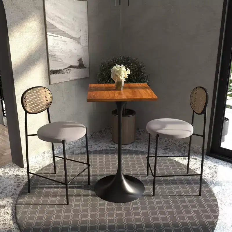 Table à manger carrée hauteur bar, plateau moderne en MDF avec piétement piédestal noir