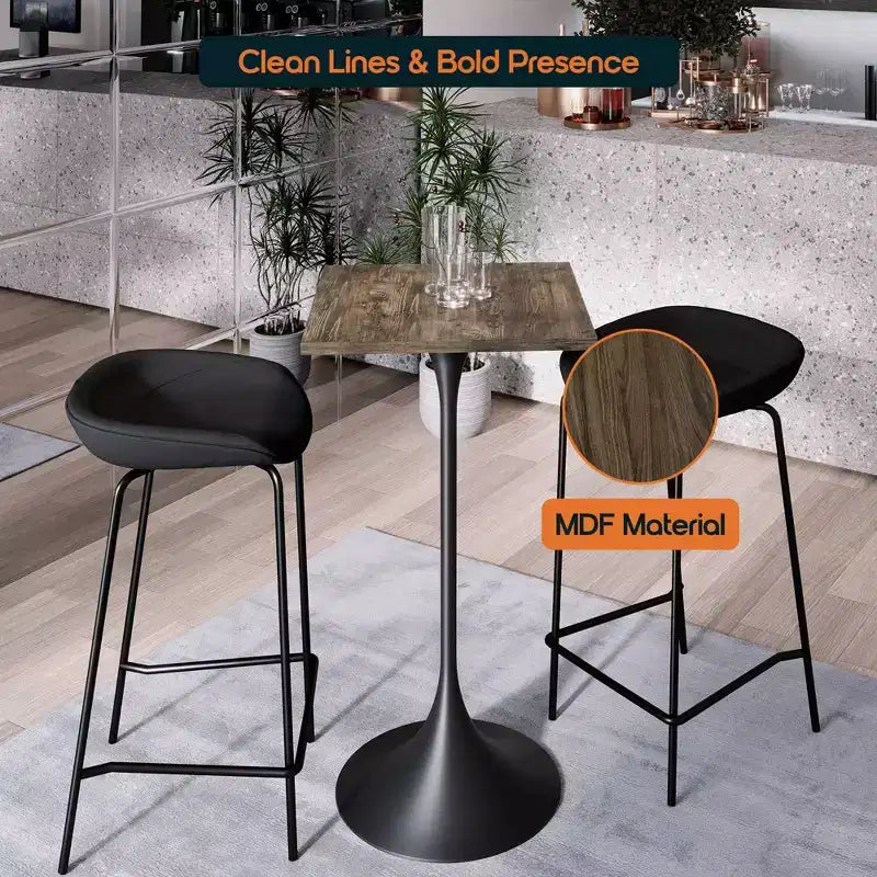 Table à manger carrée hauteur bar, plateau moderne en MDF avec piétement piédestal noir