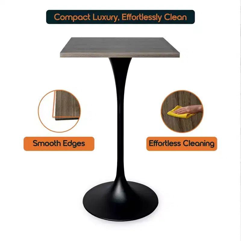 Table à manger carrée hauteur bar, plateau moderne en MDF avec piétement piédestal noir