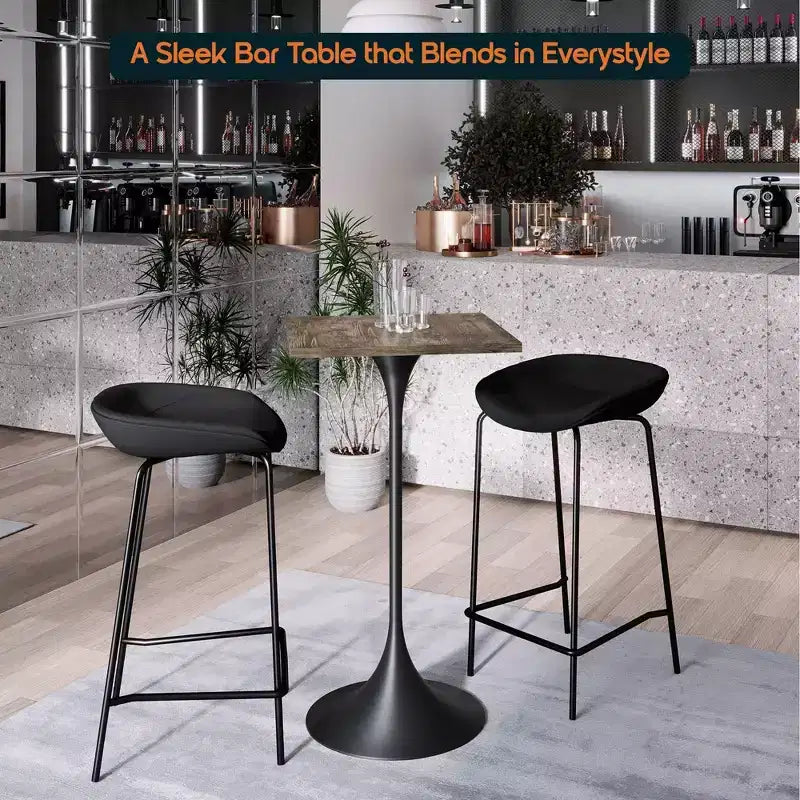 Table à manger carrée hauteur bar, plateau moderne en MDF avec piétement piédestal noir