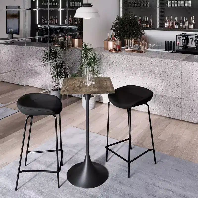 Table à manger carrée hauteur bar, plateau moderne en MDF avec piétement piédestal noir