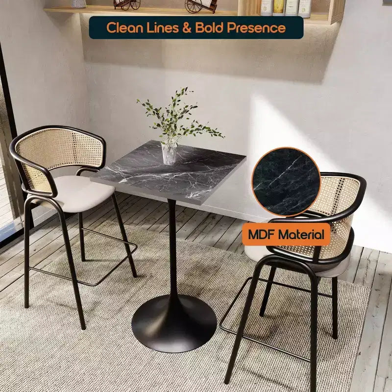 Table à manger carrée hauteur bar, plateau moderne en MDF avec piétement piédestal noir