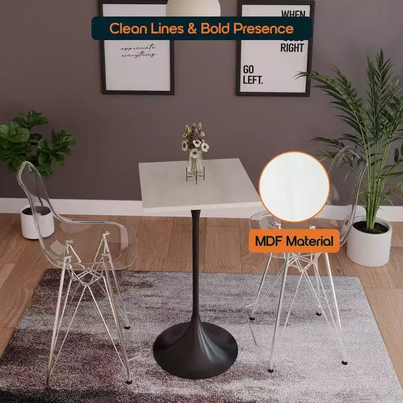 Table à manger carrée hauteur bar, plateau moderne en MDF avec piétement piédestal noir