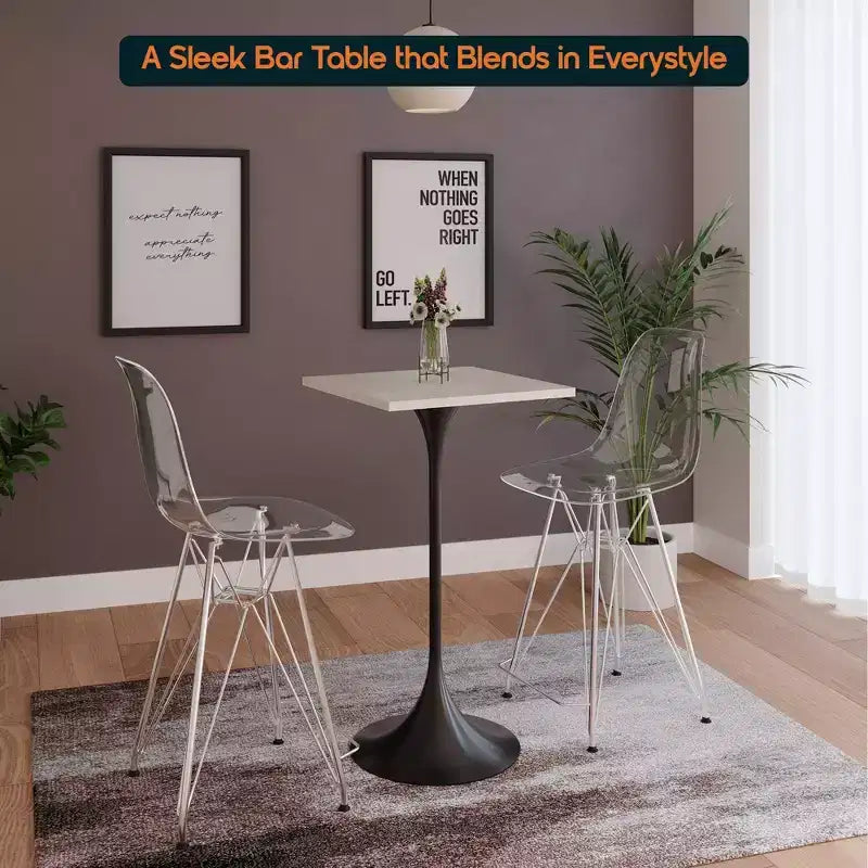 Table à manger carrée hauteur bar, plateau moderne en MDF avec piétement piédestal noir