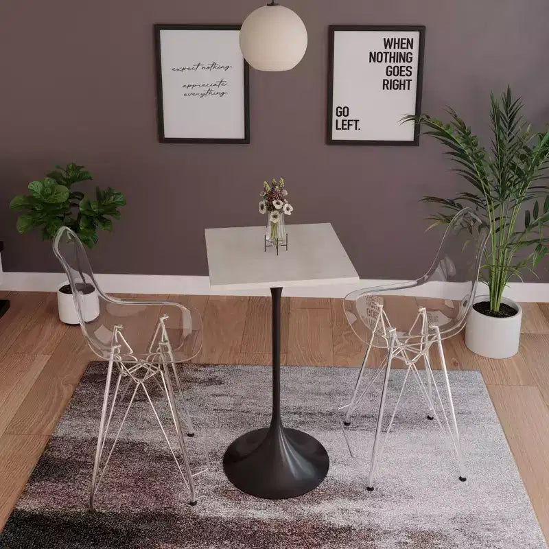 Table à manger carrée hauteur bar, plateau moderne en MDF avec piétement piédestal noir
