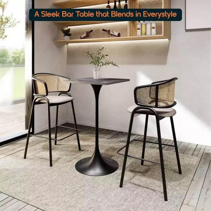 Table à manger carrée hauteur bar, plateau moderne en MDF avec piétement piédestal noir