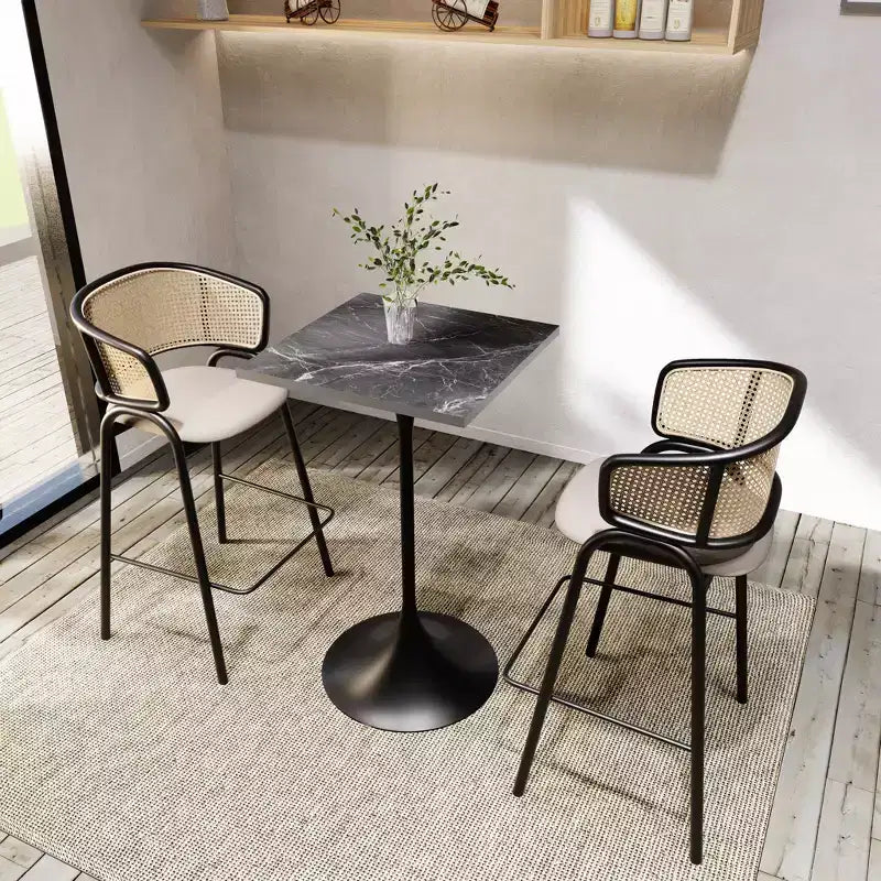 Table à manger carrée hauteur bar, plateau moderne en MDF avec piétement piédestal noir