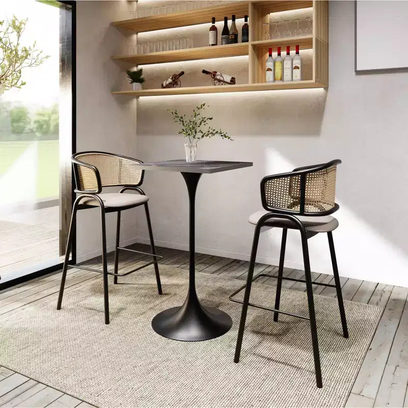 Table à manger carrée hauteur bar, plateau moderne en MDF avec piétement piédestal noir