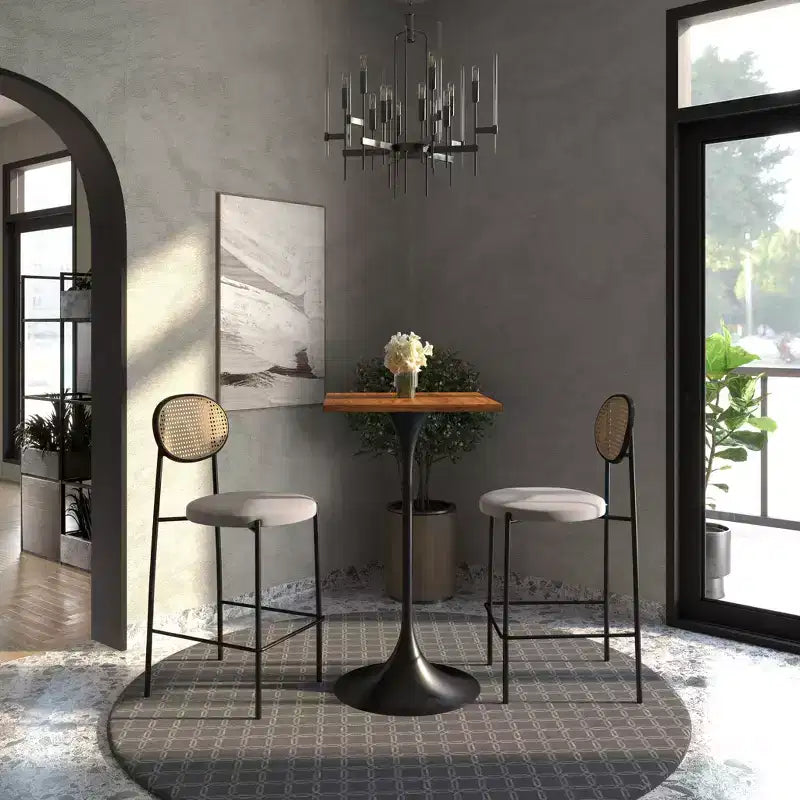 Table à manger carrée hauteur bar, plateau moderne en MDF avec piétement piédestal noir