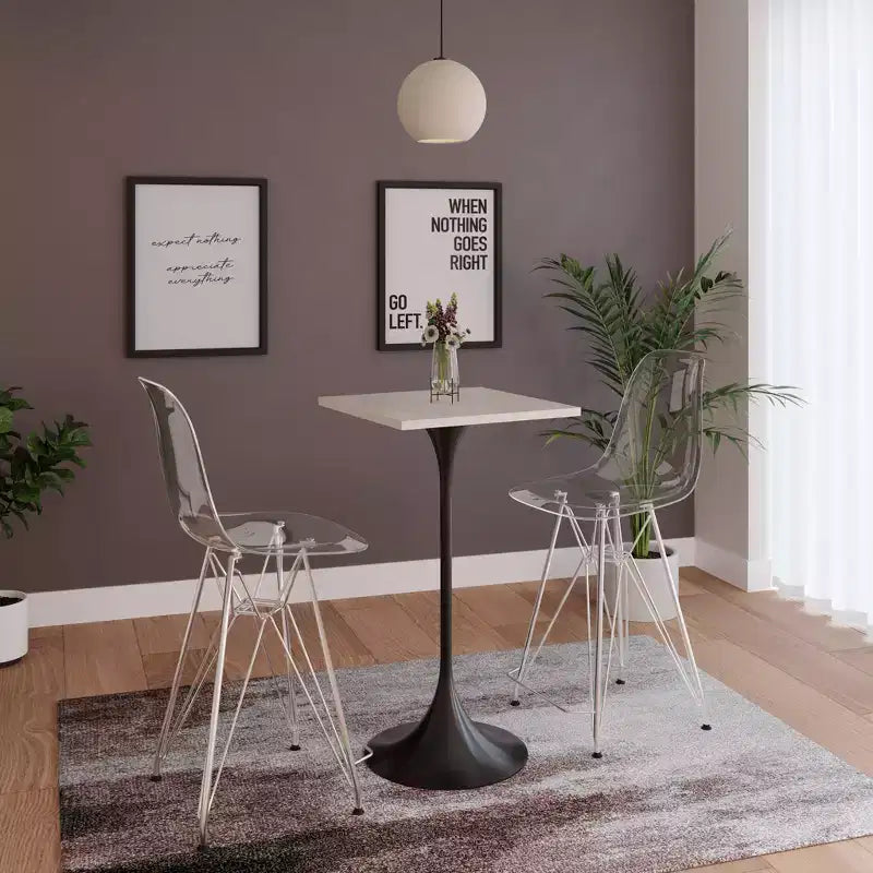 Table à manger carrée hauteur bar, plateau moderne en MDF avec piétement piédestal noir