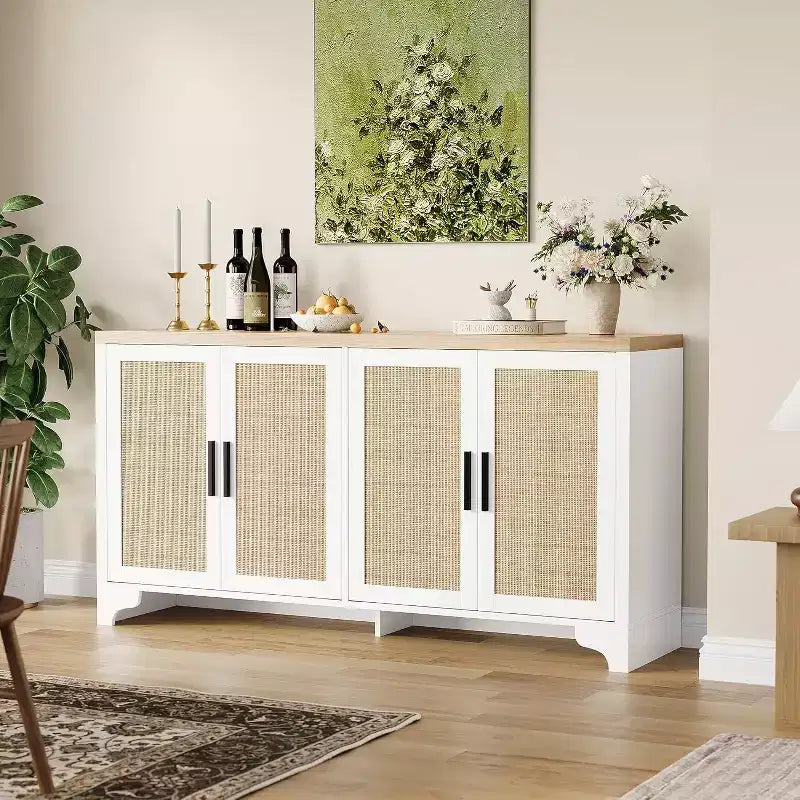 Buffet en rotin, buffet à quatre portes, grand meuble de rangement