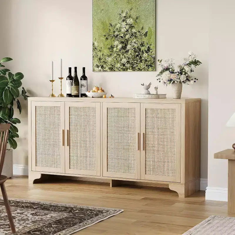Buffet en rotin, buffet à quatre portes, grand meuble de rangement