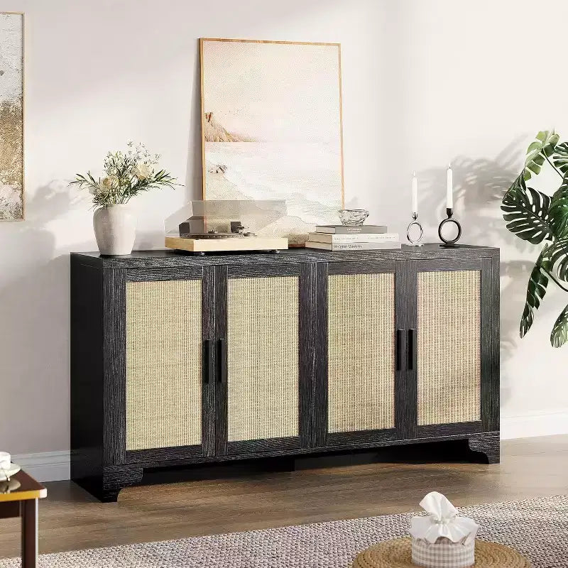 Buffet en rotin, buffet à quatre portes, grand meuble de rangement