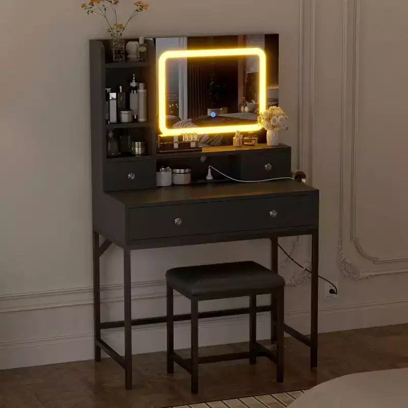 Coiffeuse et tabouret avec miroir, coiffeuse moderne avec station de recharge
