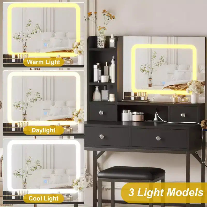 Coiffeuse et tabouret avec miroir, coiffeuse moderne avec station de recharge