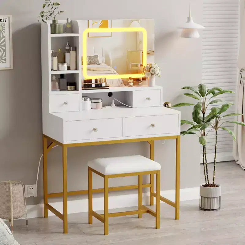Coiffeuse et tabouret avec miroir, coiffeuse moderne avec station de recharge