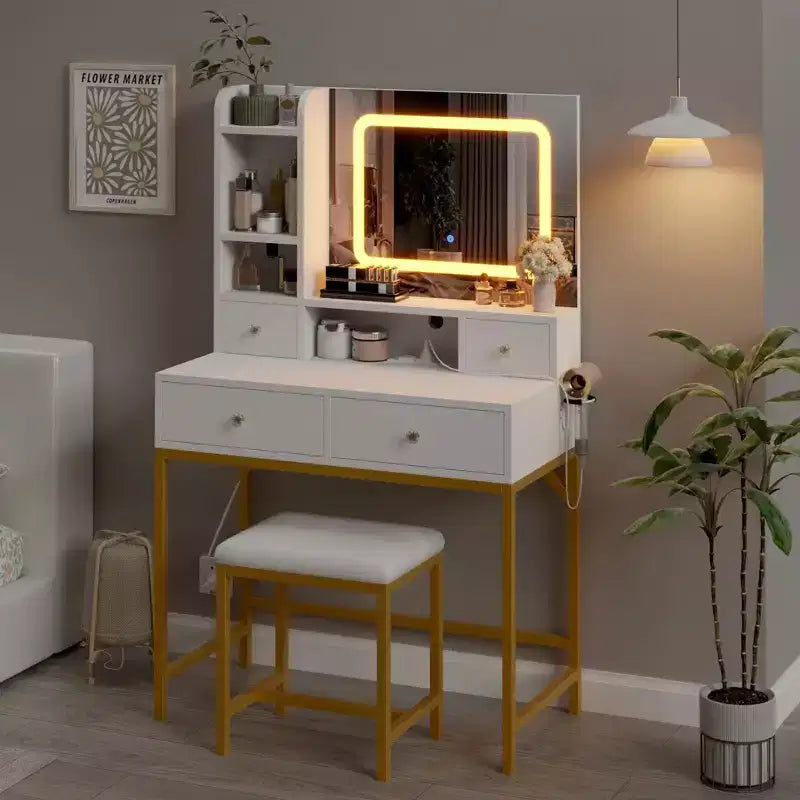 Coiffeuse et tabouret avec miroir, coiffeuse moderne avec station de recharge