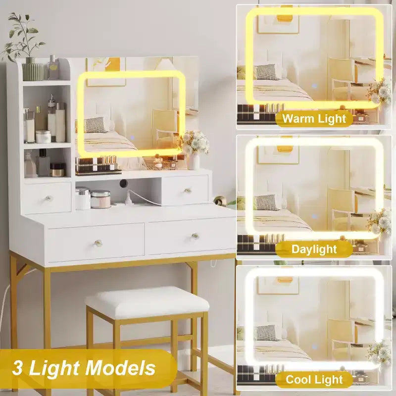 Coiffeuse et tabouret avec miroir, coiffeuse moderne avec station de recharge