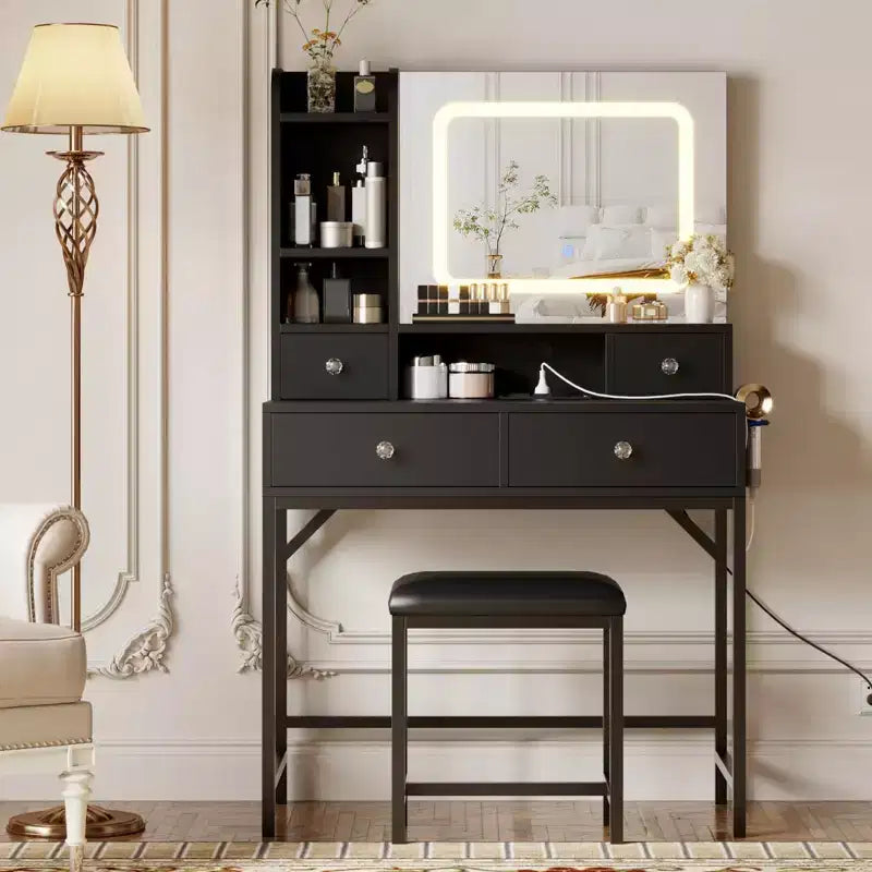 Makeup Vanity Desk and Stool with Mirror, Modern Vanity Table with Charging Station, 3 Lighting Dressing Table Set for Bedroom, Makeup Studio