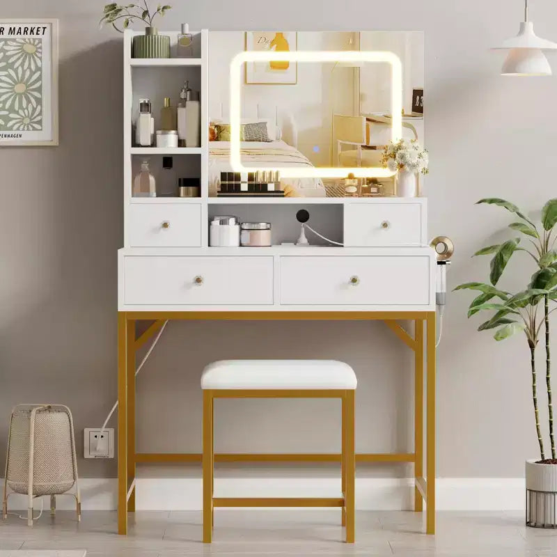 Coiffeuse et tabouret avec miroir, coiffeuse moderne avec station de recharge