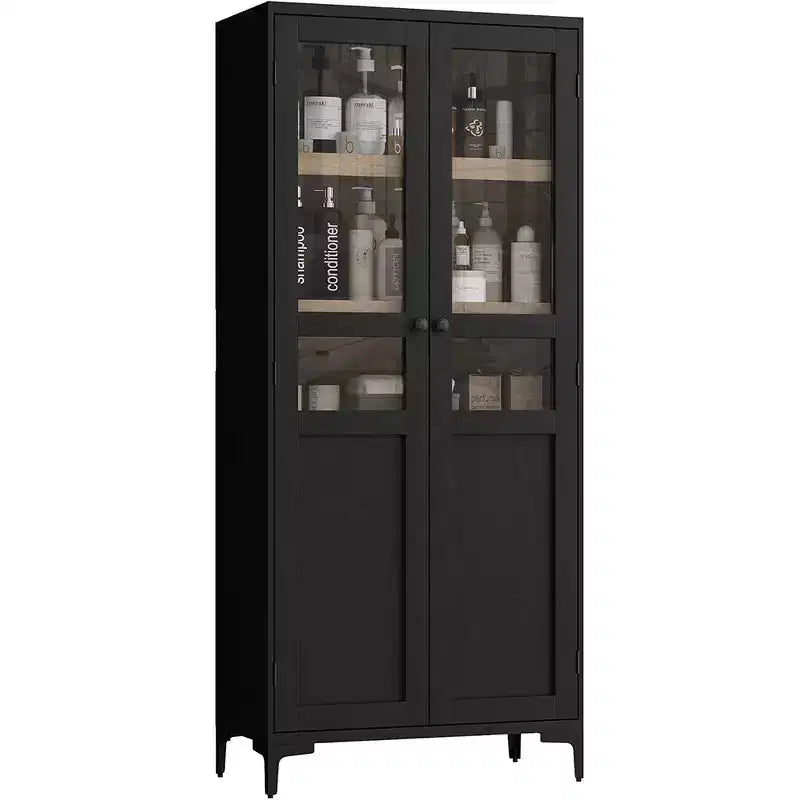 Tall Storage Cabinet with Glass Doors, Kitchen Pantry 5 Tier Cabinet with Adjustable Shelves