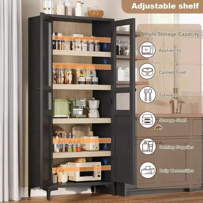 Meuble de rangement haut avec portes vitrées, Armoire de cuisine 5 niveaux
