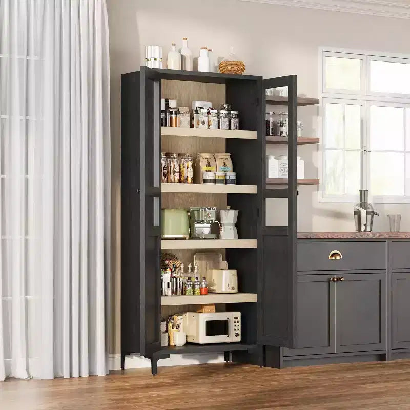 Meuble de rangement haut avec portes vitrées, Armoire de cuisine 5 niveaux