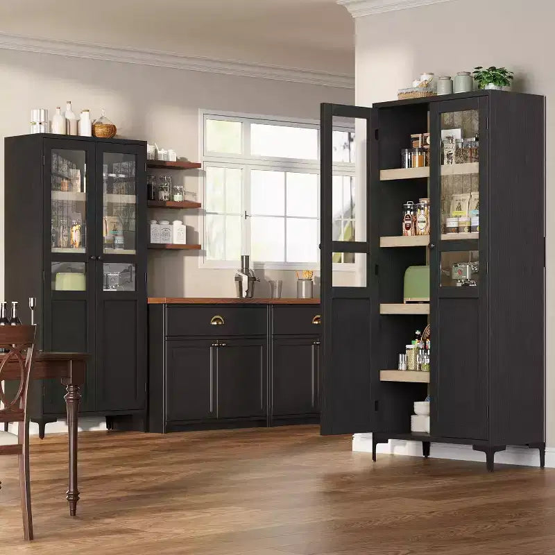 Meuble de rangement haut avec portes vitrées, Armoire de cuisine 5 niveaux