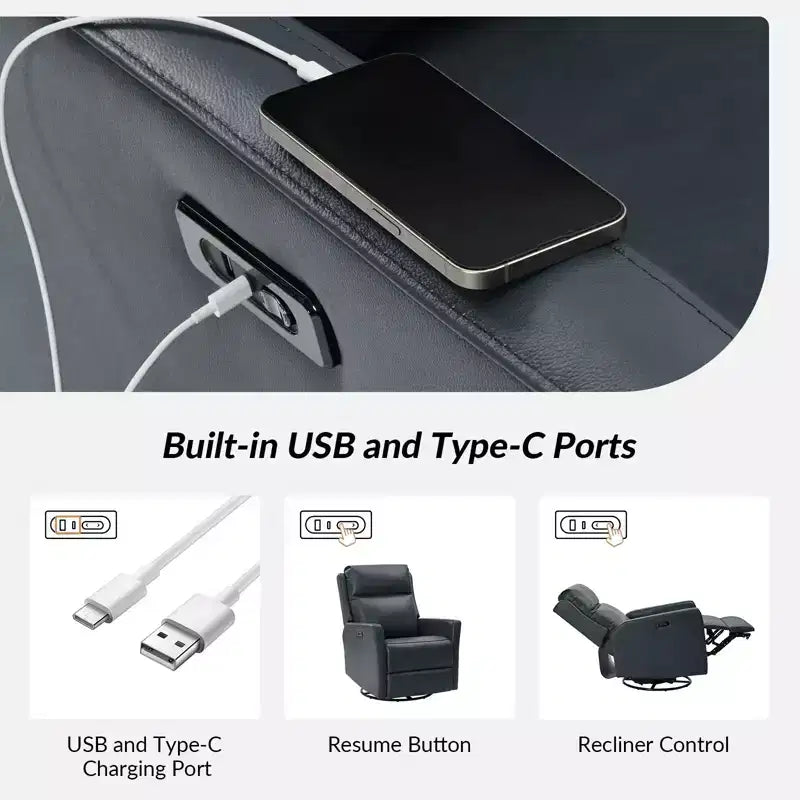 Fauteuil inclinable électrique de transition en cuir véritable avec ports USB