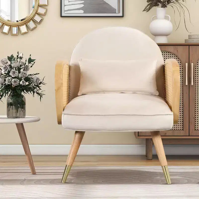 Dining Chairs Foam Upholstered Back Rest Seat Rattan Armrest Accent Rattan Chair With Metal Legs Mid Century Armchair