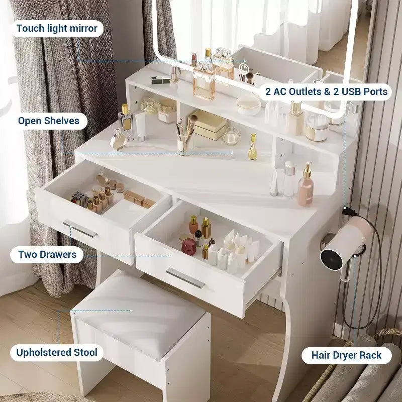 Coiffeuse avec miroir réglable, station de charge, tiroirs de rangement