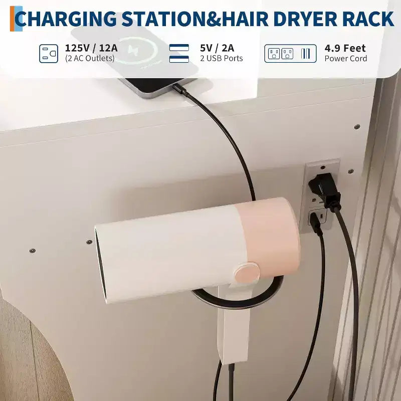 Coiffeuse avec miroir réglable, station de charge, tiroirs de rangement