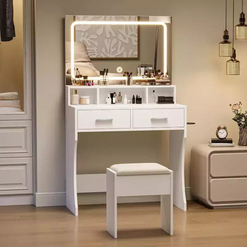 Coiffeuse avec miroir réglable, station de charge, tiroirs de rangement