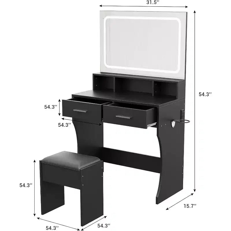Coiffeuse avec miroir réglable, station de charge, tiroirs de rangement