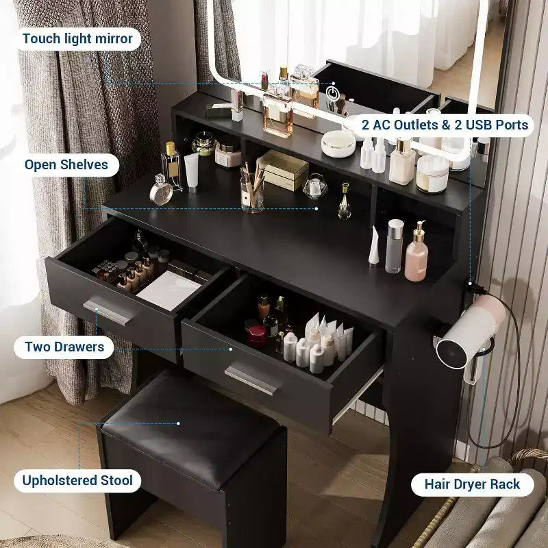 Coiffeuse avec miroir réglable, station de charge, tiroirs de rangement