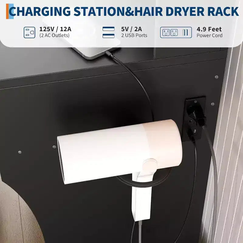 Coiffeuse avec miroir réglable, station de charge, tiroirs de rangement