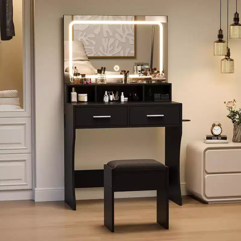 Coiffeuse avec miroir réglable, station de charge, tiroirs de rangement