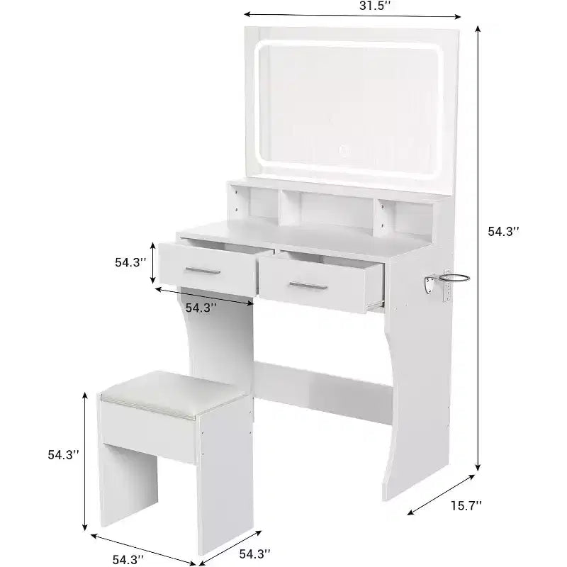 Coiffeuse avec miroir réglable, station de charge, tiroirs de rangement