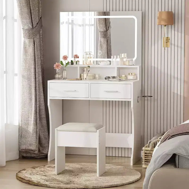 Coiffeuse avec miroir réglable, station de charge, tiroirs de rangement