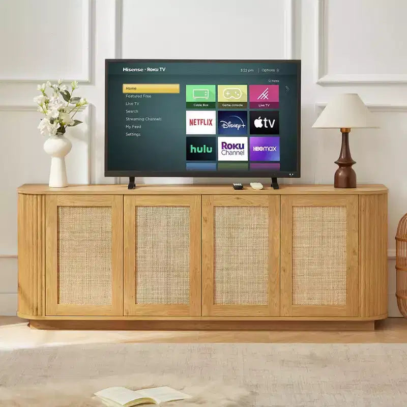 JVNOXK 64-inch Wave-Front Rattan TV Console with Rounded Corners, Natural Finish, Suitable for Kitchen/Entrance Hall.64W  15D  24H