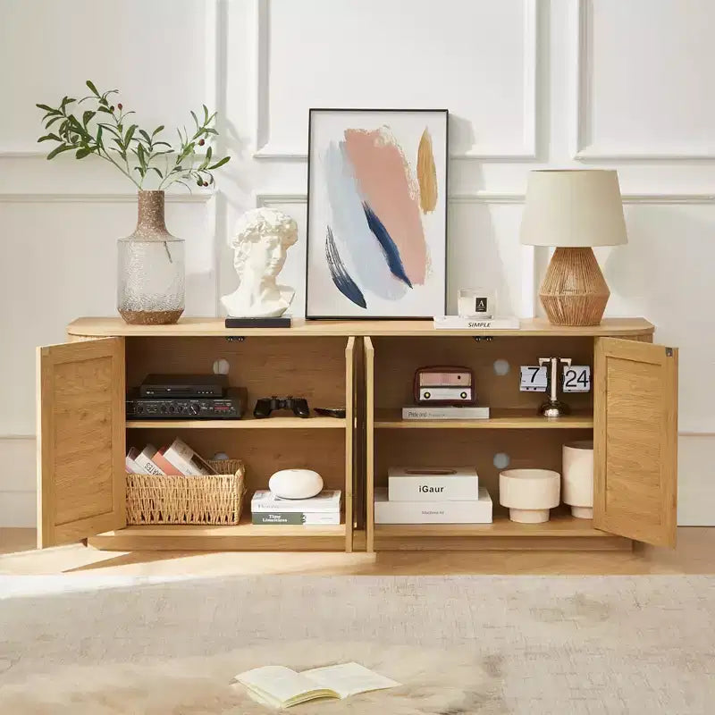 Meuble TV en rotin "Wave-Front" avec coins arrondis, finition naturelle