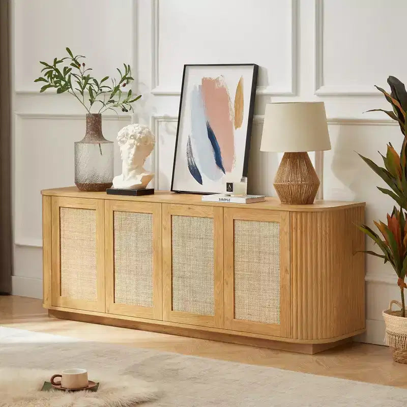 Meuble TV en rotin "Wave-Front" avec coins arrondis, finition naturelle