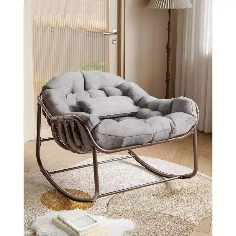 Oversized Papasan Rocking Chair Metal Frame Wicker Rattan Cushion for Patio Backyard Balcony Grey