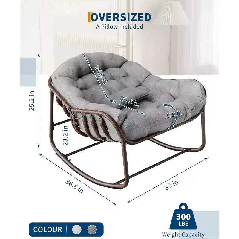 Fauteuil à bascule Papasan surdimensionné, cadre en métal, coussin en osier et rotin