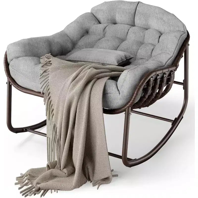 Fauteuil à bascule Papasan surdimensionné, cadre en métal, coussin en osier et rotin
