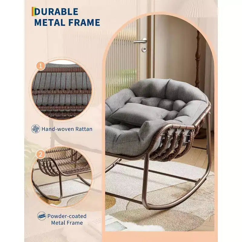 Fauteuil à bascule Papasan surdimensionné, cadre en métal, coussin en osier et rotin